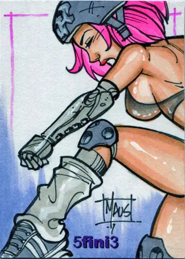 Stylized illustration of a futuristic cyborg in Female Persuasion trading card series