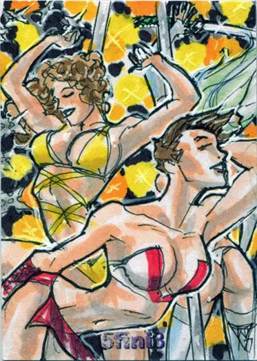 Colorful illustration of two women dancing for Female Persuasion Trading Cards by John Watkins-Chow
