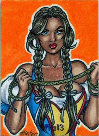 Stylized illustration of a woman with braided hair in the Female Persuasion trading card