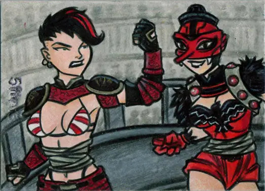 Cartoon of two female roller derby players in red and black for Female Persuasion trading cards