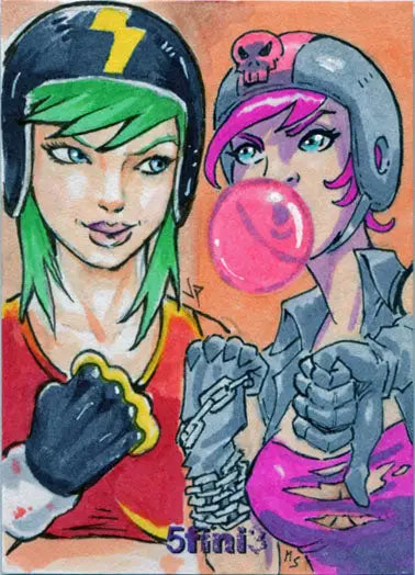 Colorful illustration of two women with vibrant hair in helmets for Female Persuasion trading cards