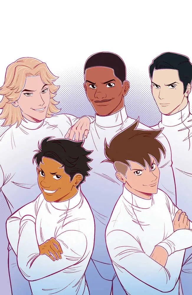 Anime-style illustration of five people in white uniforms for Fence Redemption #1 cover