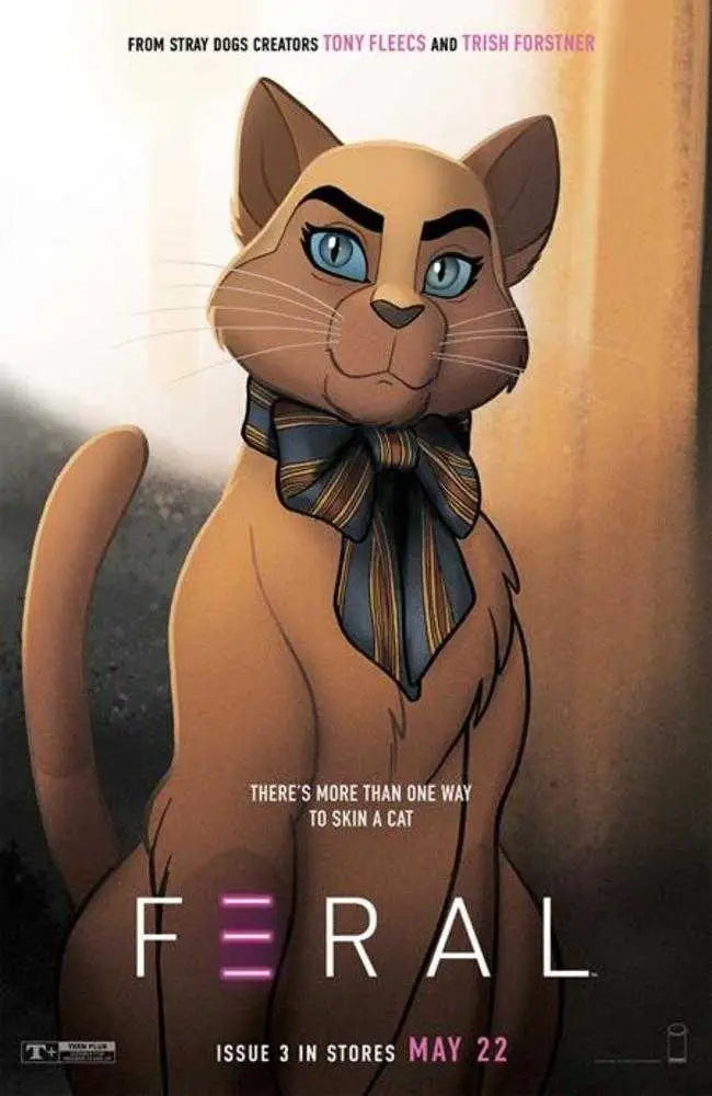 Animated brown cat in striped bow tie with blue eyes on Feral #3 trading cards