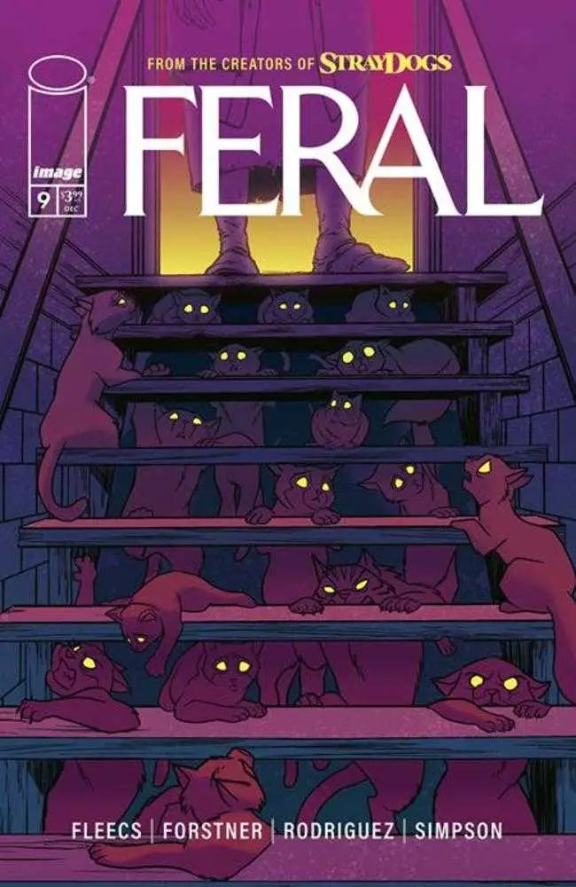 Comic book cover for Feral #9 featuring art by Trish Forstner & Tone Rodriguez at the cat lady’s house