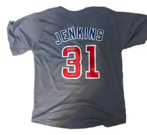 Gray Fergie Jenkins Autographed Chicago Cubs Jersey with JENKINS 31 in red and white