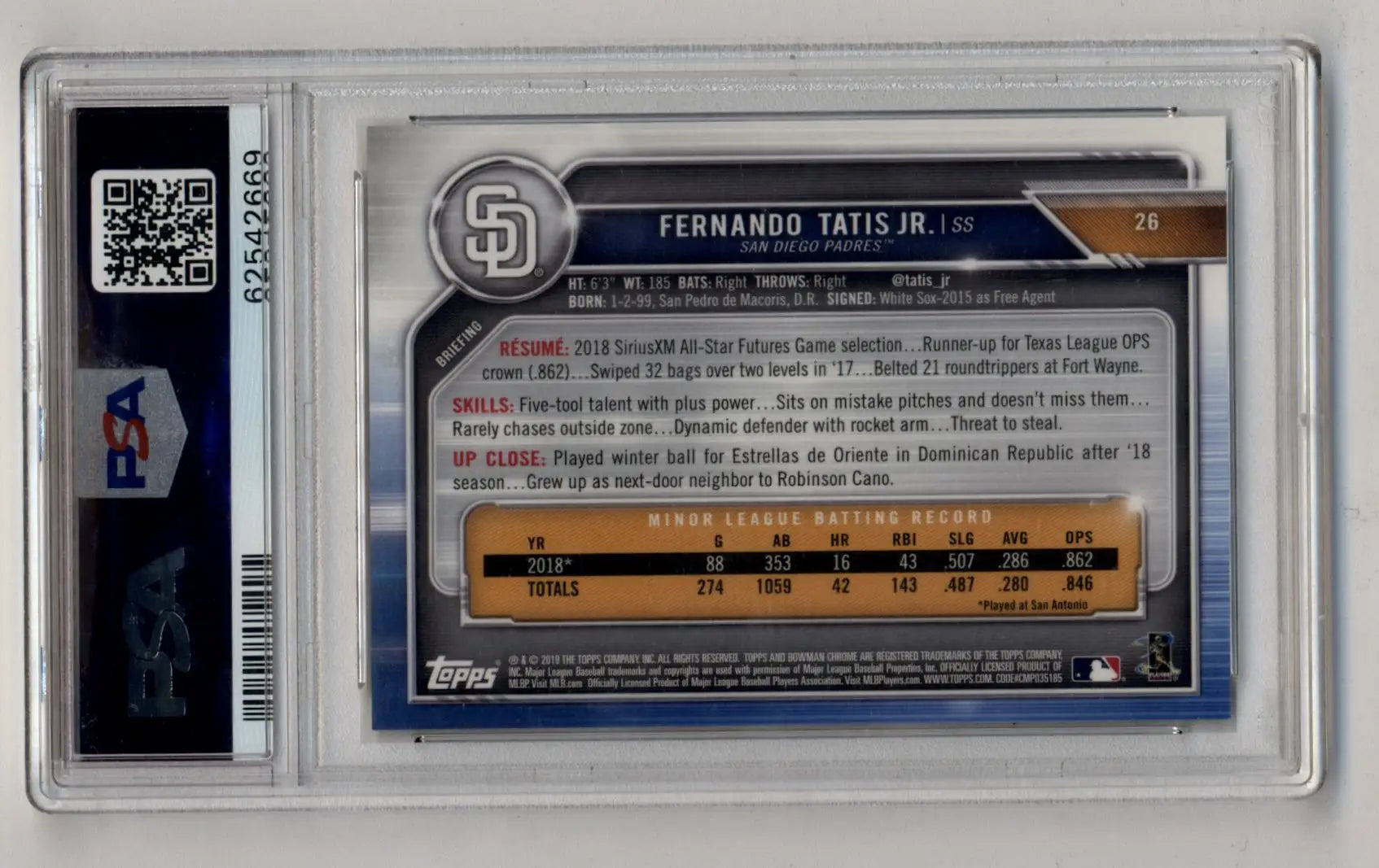 Fernando Tatis Jr 2019 Bowman Chrome Gold Refractor #26 41/50 PSA 9 Mint - Baseball Card Single