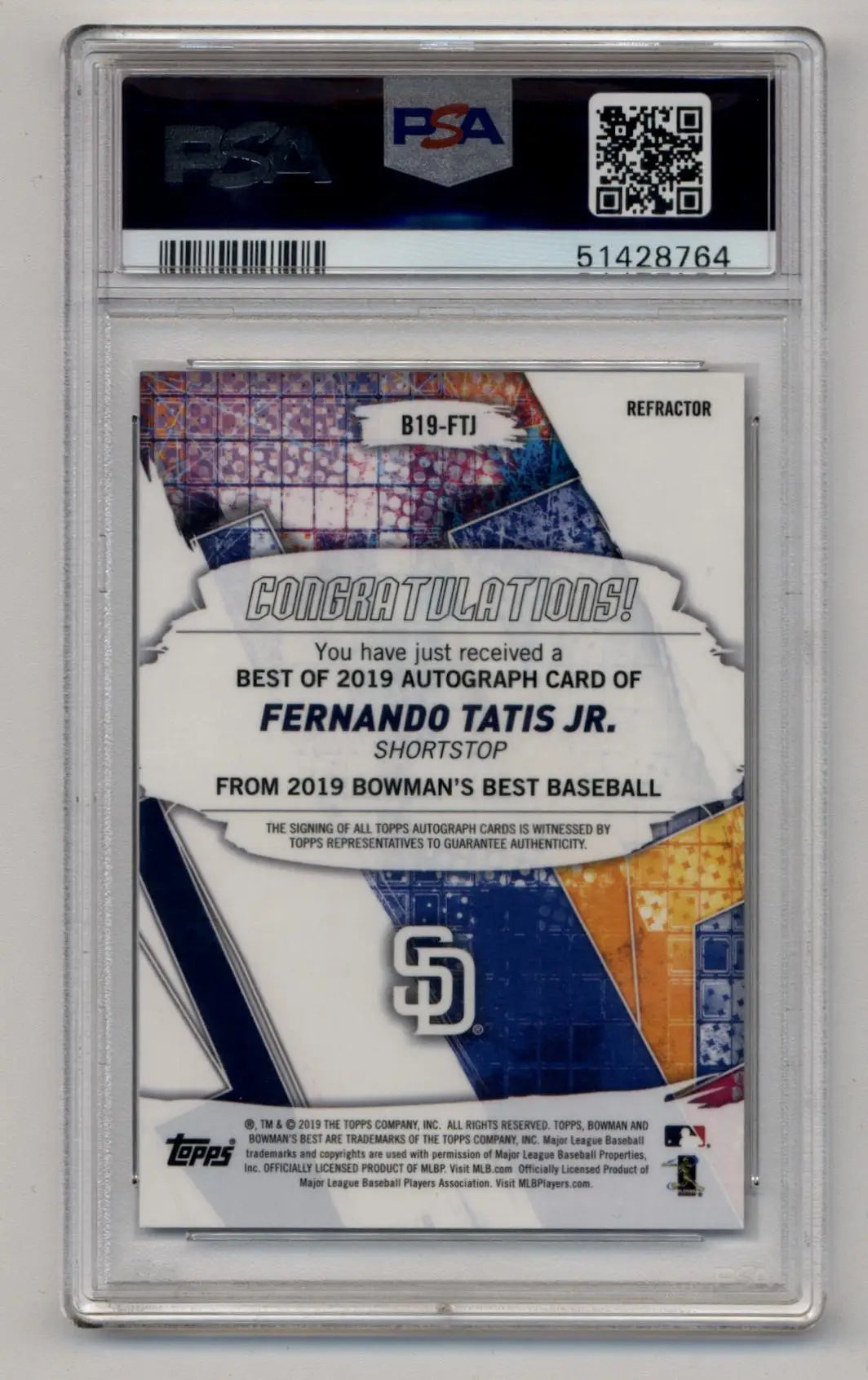 Fernando Tatis Jr 2019 Bowman’s Best Best of 2019 Refractor Auto PSA 10 Gem Mint - Baseball Card Single