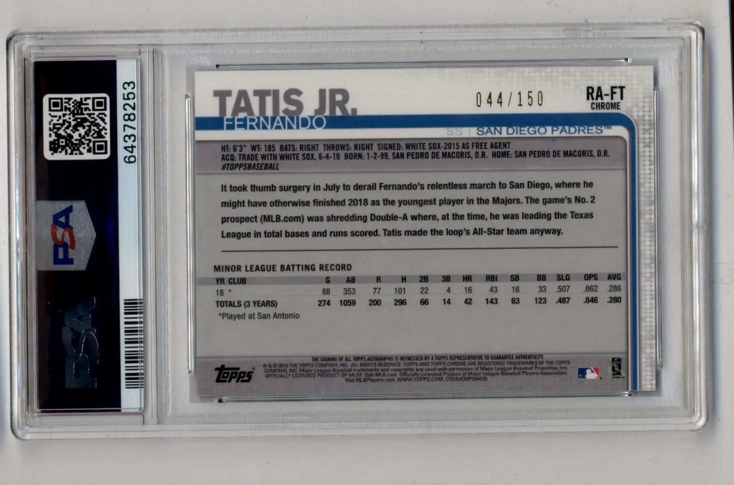 Fernando Tatis Jr 2019 Topps Chrome Blue Wave Refractor Auto 044/150 PSA 10 Gem Mint Auto 10 - Baseball Card Single