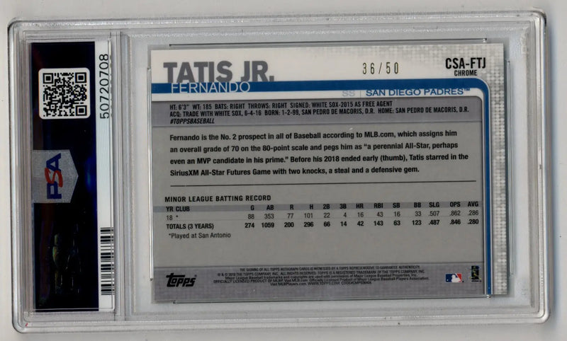 Fernando Tatis Jr 2019 Topps Chrome Sapphire Green Refractor Auto 36/50 PSA 10 Gem Mint - Baseball Card Single