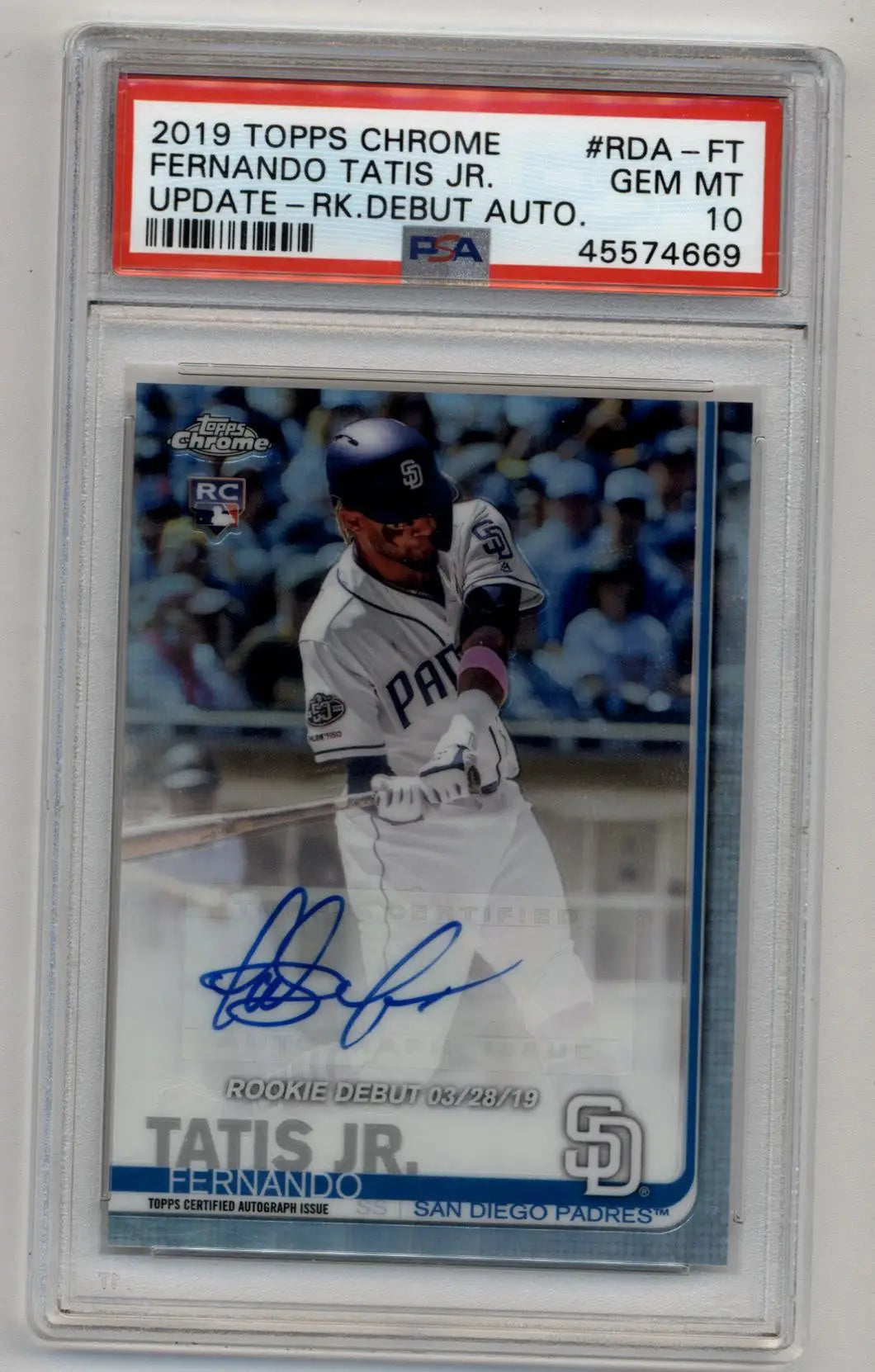 Fernando Tatis Jr 2019 Topps Chrome Update Rookie Debut Auto PSA 10 Gem Mint - Baseball Card Single