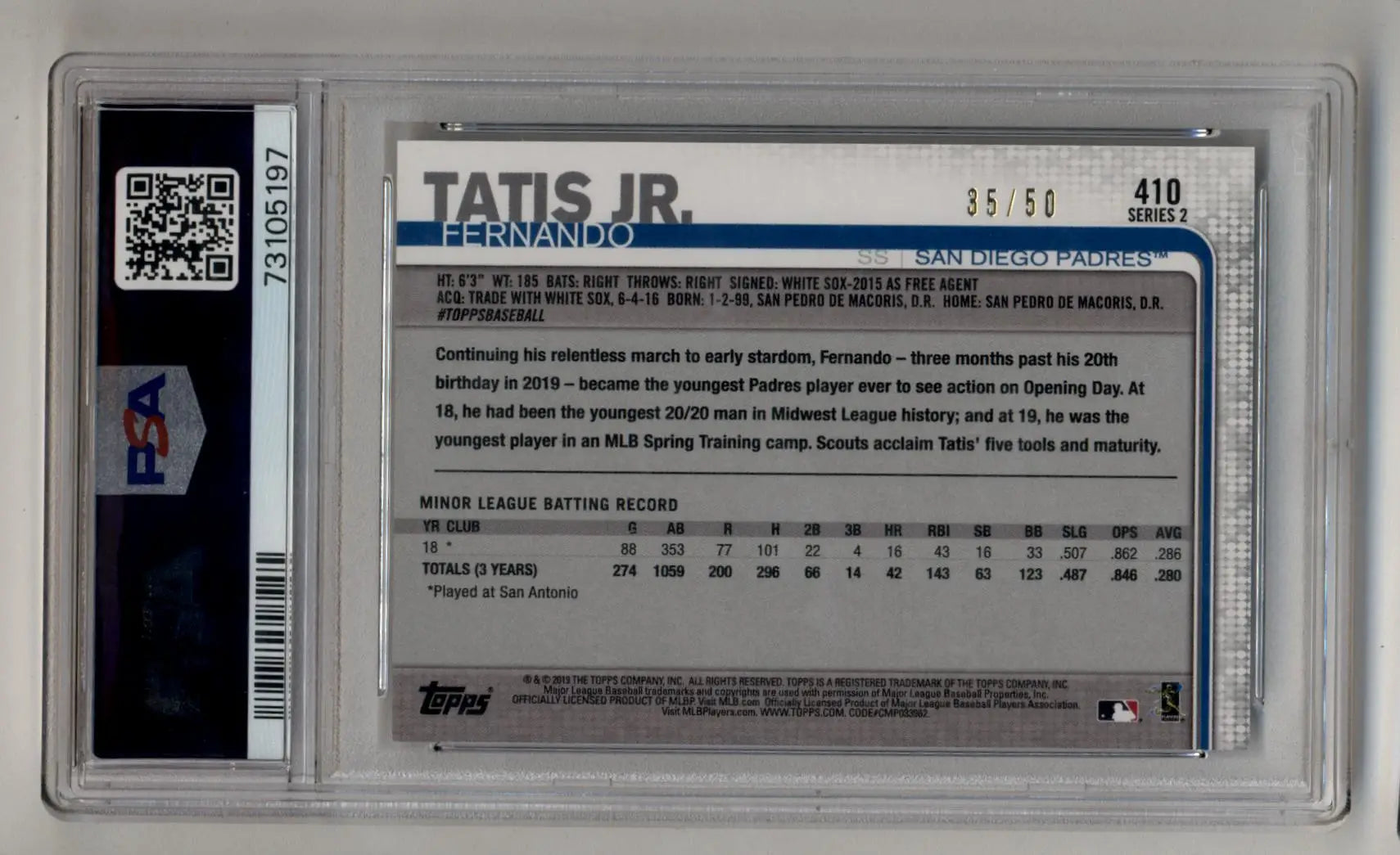 Fernando Tatis Jr 2019 Topps Father’s Day 35/50 PSA 8 Near Mint-Mint - Baseball Card Single