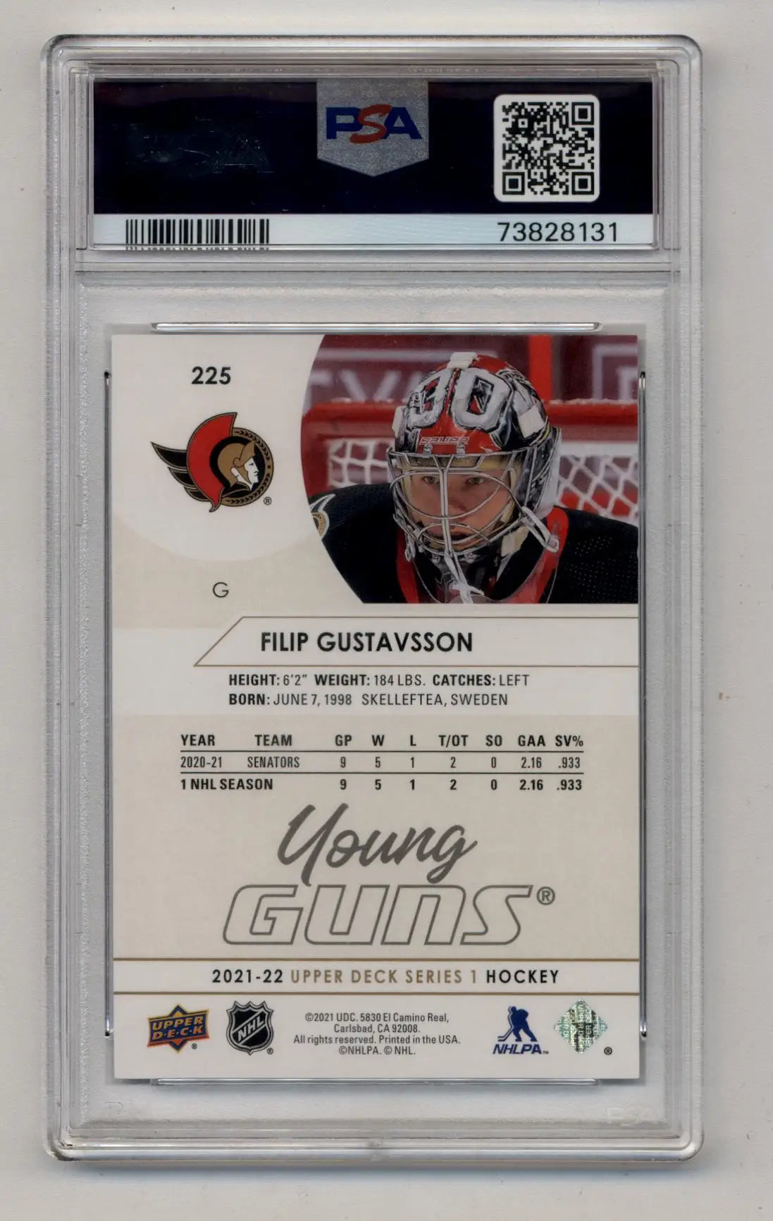 Filip Gustavsson 2021 Upper Deck Speckled Rainbow Foil #225 PSA 10 Gem Mint - Hockey Card Single