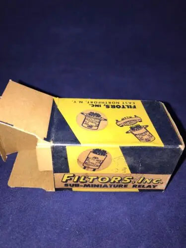 Open box showing FILTORS INC 26SF18 Sub-Miniature Relay unused new old stock w box