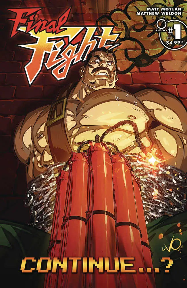 Muscular fighter bursts through red columns on Final Fight #1 Cover B in Metro City