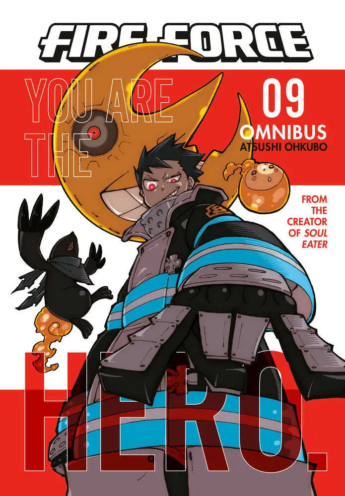Manga volume featuring firefighter-style character with crescent moon head in Fire Force Omnibus