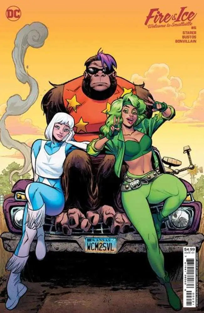 Comic book cover of Fire & Ice Welcome To Smallville #6 featuring superheroes on a car hood