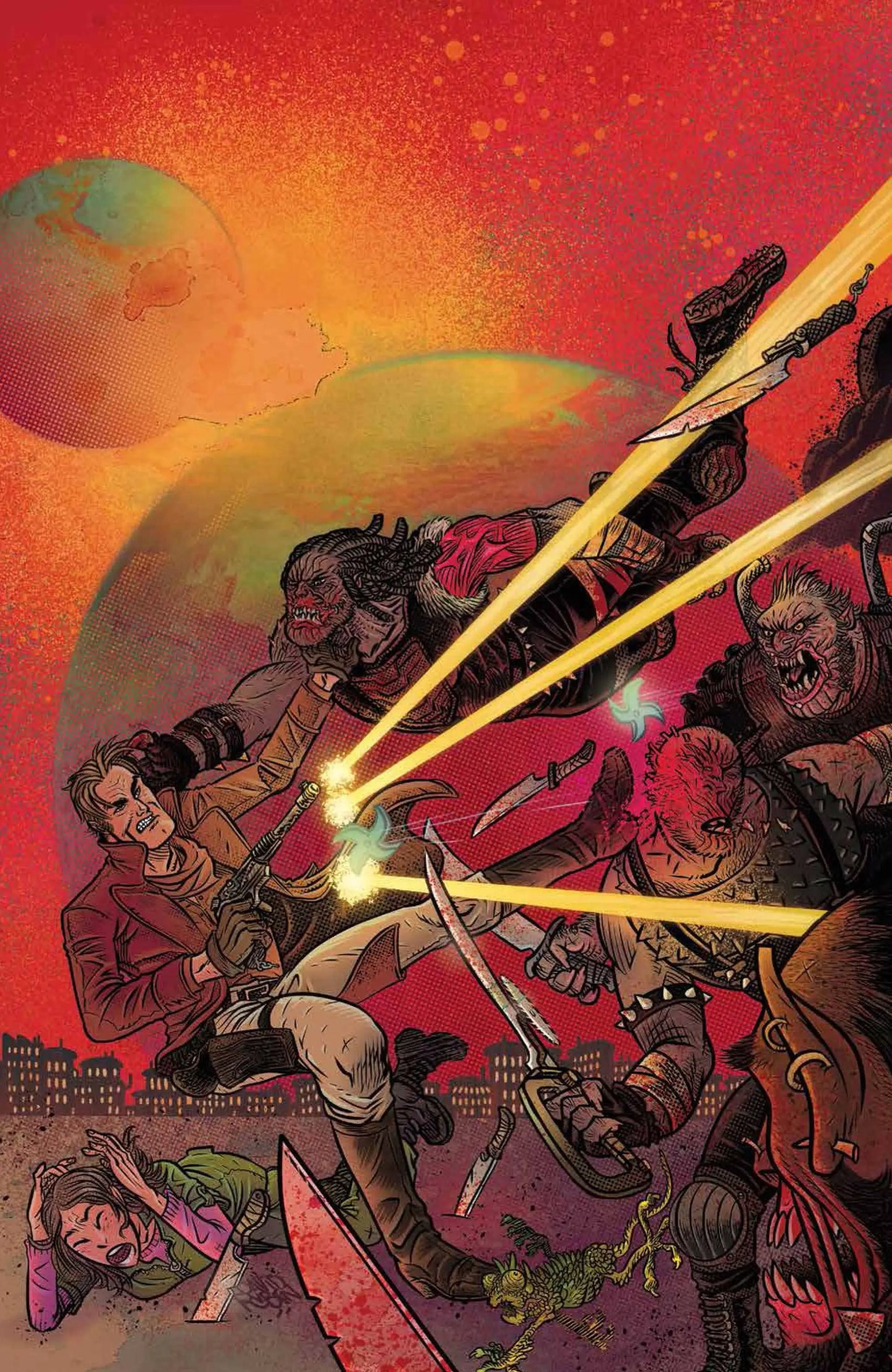 Comic book-style battle scene with warriors and laser beams on FIREFLY #28 cover artwork