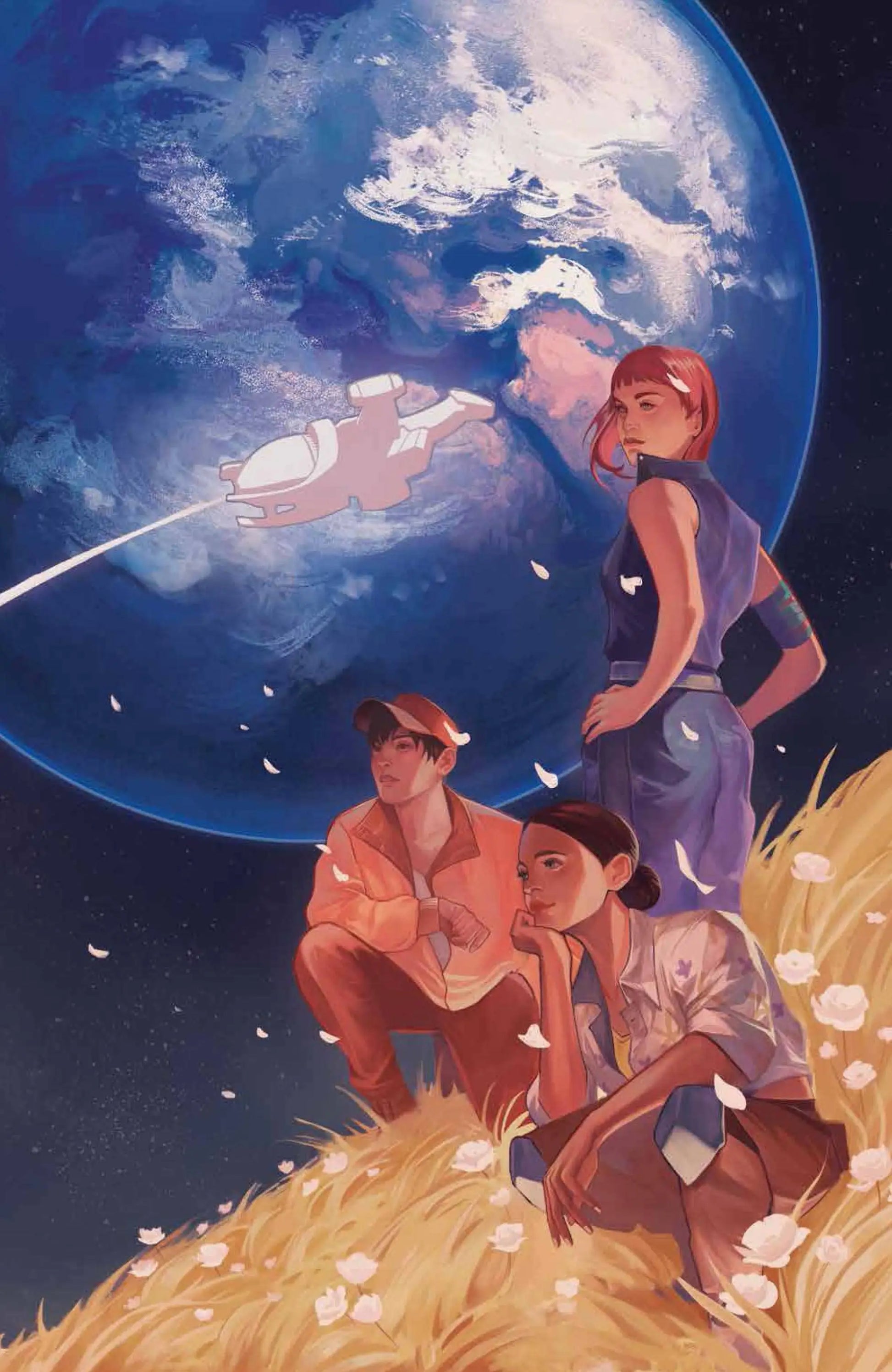 Three figures on a hillside under a bright moon, ideal for trading cards enthusiasts