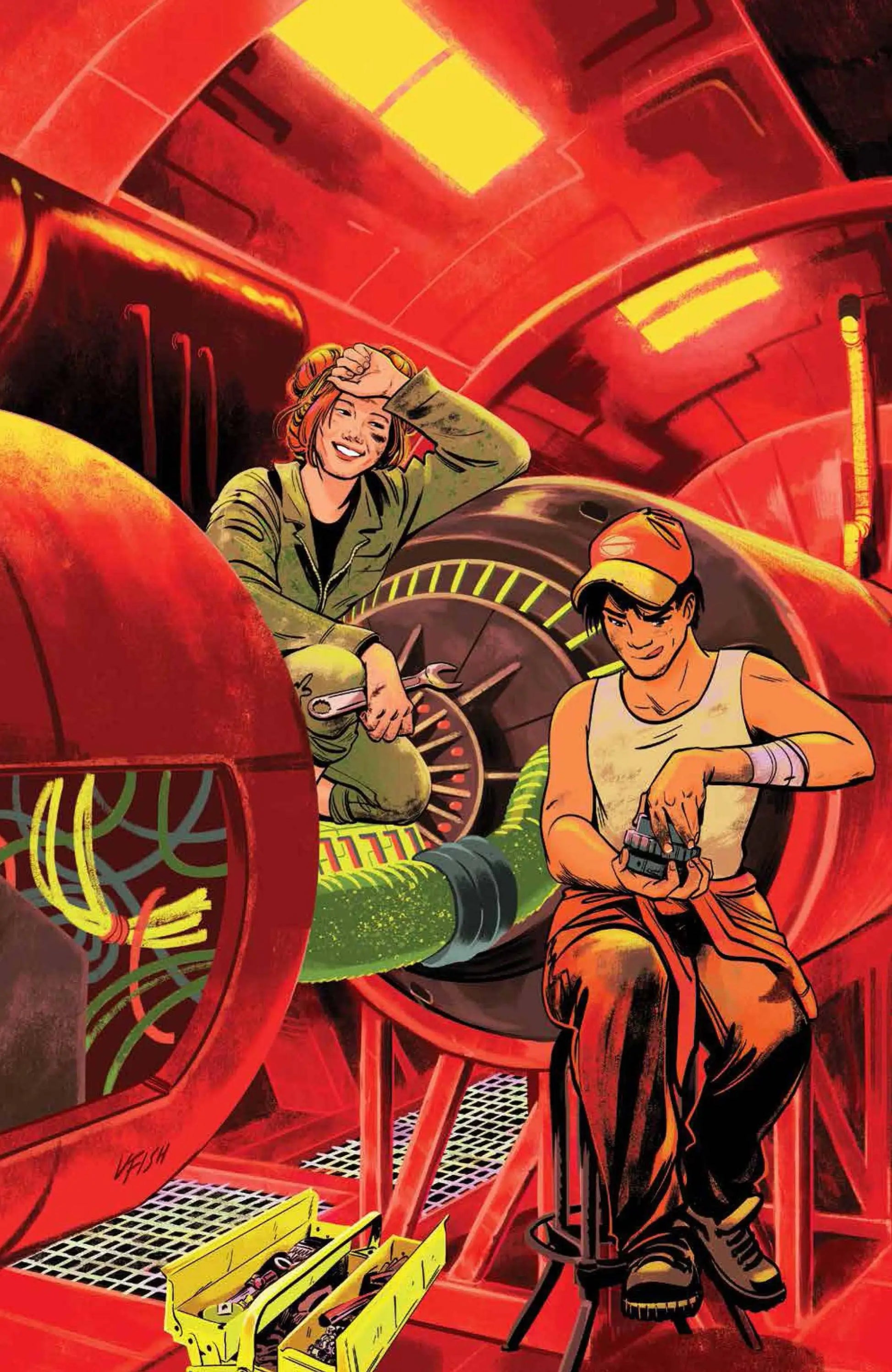 Two mechanics work on aircraft engine components in a red-lit bay near trading cards