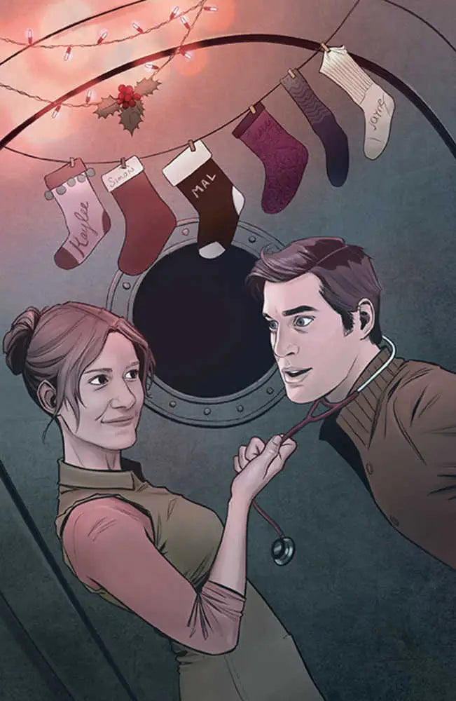 Dryer door adorned with socks and string lights for the holiday season in Firefly variant