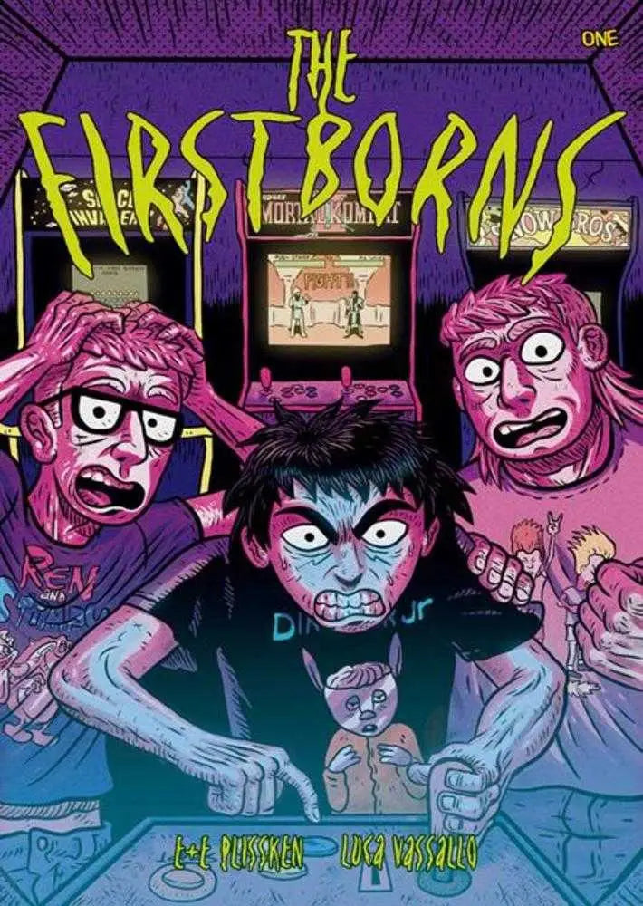 Comic book cover showing grotesque characters and a TV, Firstborns #1 variant edition