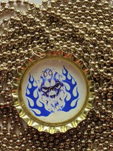 Flaming Blue Skull bottle cap pendant necklace - General Merchandise