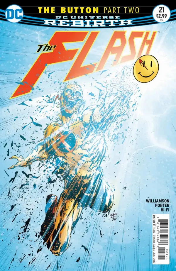 Comic book featuring The Flash and Reverse-Flash with blood-stained smiley button artwork