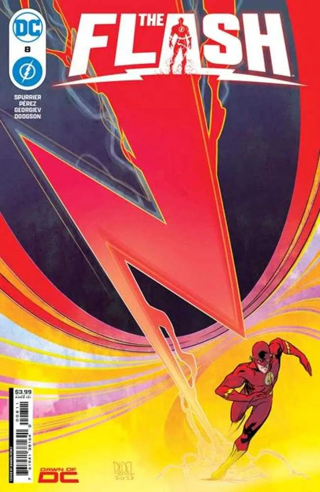 Comic book cover of Flash #8 by Ramon Perez with red and yellow backdrop for trading cards