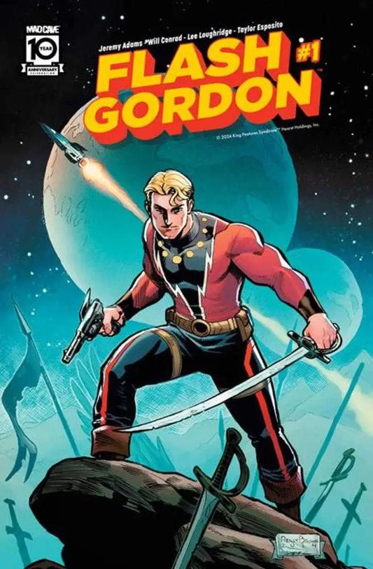 Flash Gordon wielding dual weapons on rocky outcrop, Reilly Brown variant cover artwork