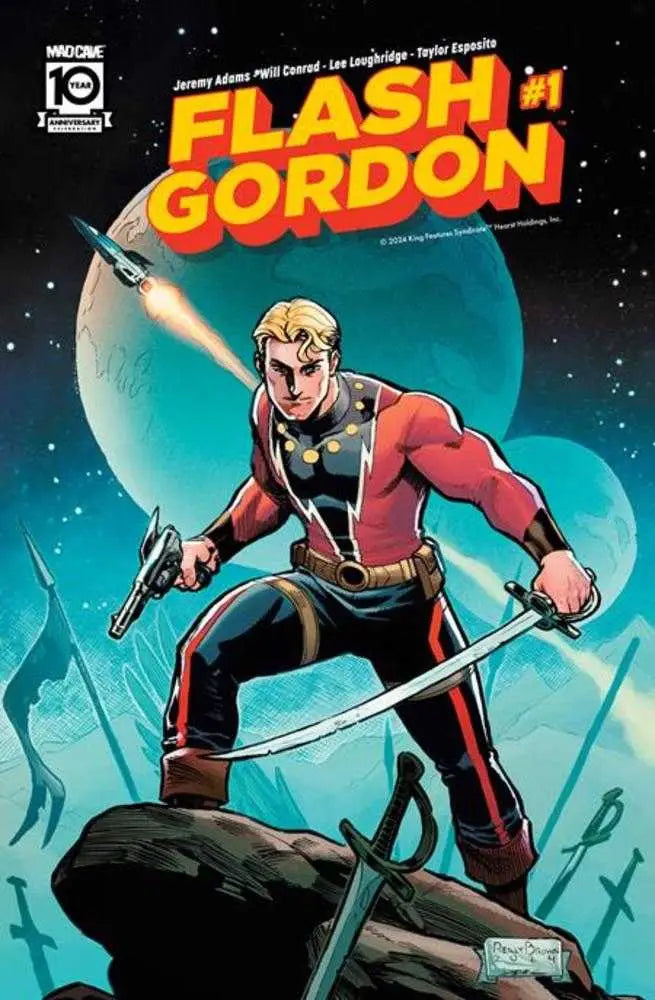Flash Gordon wielding dual weapons on rocky outcrop, Reilly Brown variant cover artwork