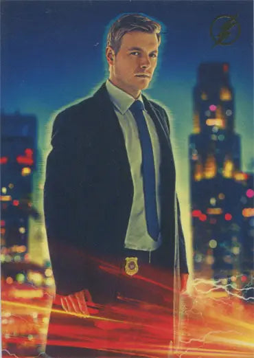 Man in a suit against city skyline for Flash Season 1 Gold Logo Parallel Chase Card