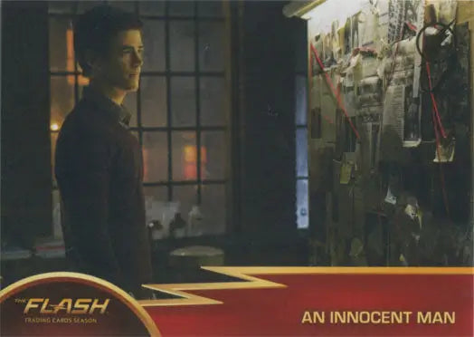 Trading card from The Flash featuring scene in dim room, Flash Season 1 Gold Logo Parallel Chase