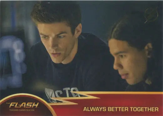 Trading card featuring The Flash characters and text Always Better Together, Gold Logo Parallel