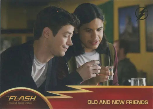 Trading card of two friends at a table for Flash Season 1 Gold Logo Parallel Chase Card