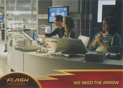 Trading card of The Flash in a high-tech lab, Gold Logo Parallel Chase Card #24