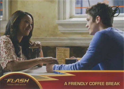 Two people enjoying coffee together on Flash Season 1 Gold Logo Parallel Chase Card