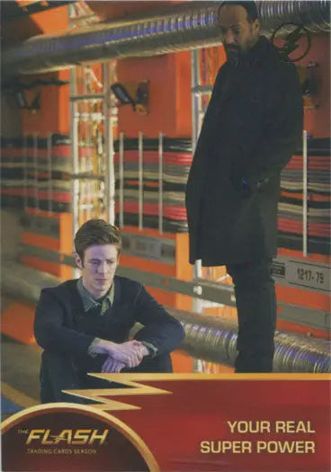 Trading card featuring two men in a futuristic scene, showcasing Gold Logo Parallel design