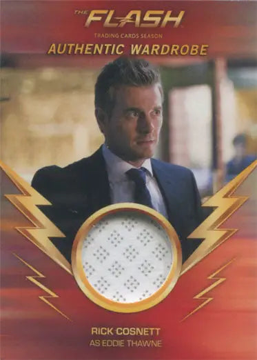 Trading card of Rick Cosnett as Eddie Thawne with superhero costume swatch