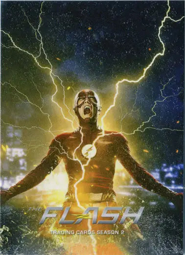 Superhero in red suit with lightning bolt emblem on Flash Season 2 promo card