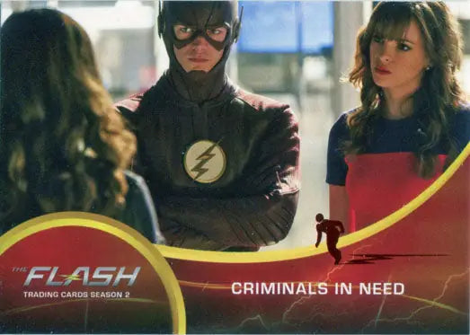 Trading card featuring characters from The Flash with Criminals in Need text at the bottom