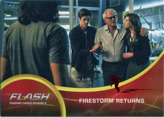 Trading card of Flash Season 2 featuring characters in lab, Scarlet Speedster Deco Red Foil