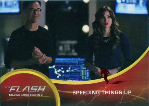 Trading card of The Flash characters with Speeding Things Up text and Scarlet Speedster Deco design