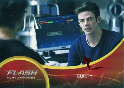 Young man in a blue shirt looks concerned on Flash Season 2 Deco Red Foil card