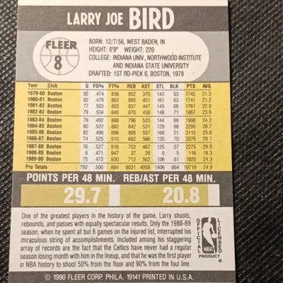 Fleer 1990 Fleer Larry Bird #8 Boston Celtics NBA. LEGEND! NRMT+ - Basketball Card Single