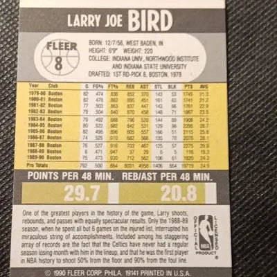 Fleer 1990 Fleer Larry Bird #8 Boston Celtics NBA. LEGEND! NRMT+ - Basketball Card Single