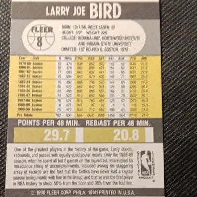 Fleer 1990 Fleer Larry Bird #8 Boston Celtics NBA. LEGEND! NRMT+ - Basketball Card Single