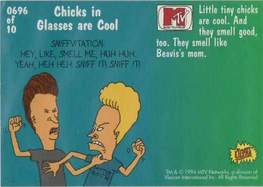 Trading card of Beavis and Butt-Head promoting Chicks in Glasses, 1994 Chase Card