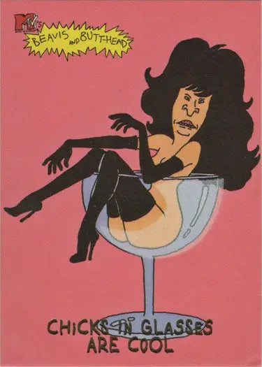 Cartoon woman with big hair in martini glass on Fleer Ultra Beavis & Butt-head chase card
