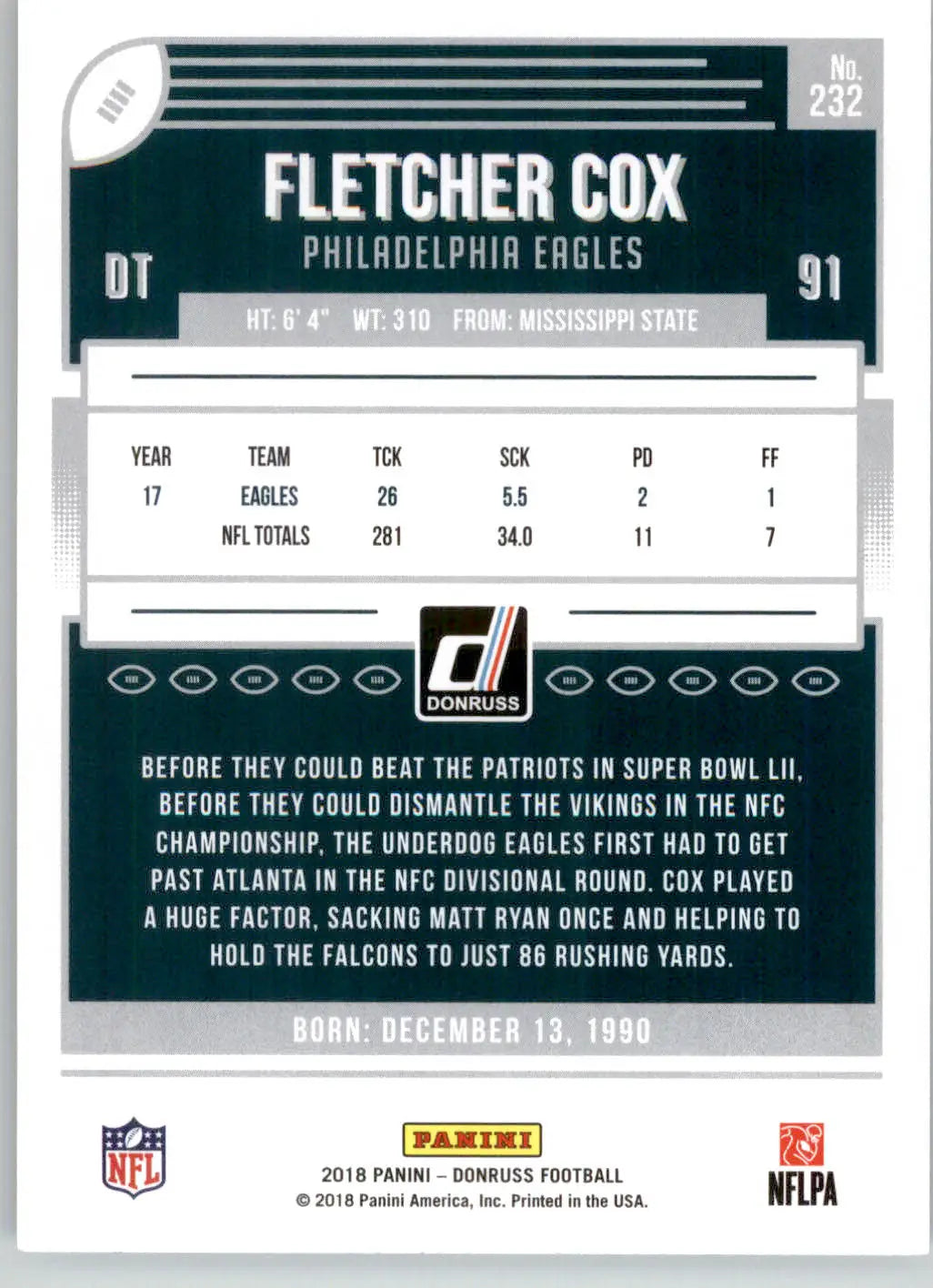 Fletcher Cox - 2018 Donruss - #232 - Football - Football Card Single