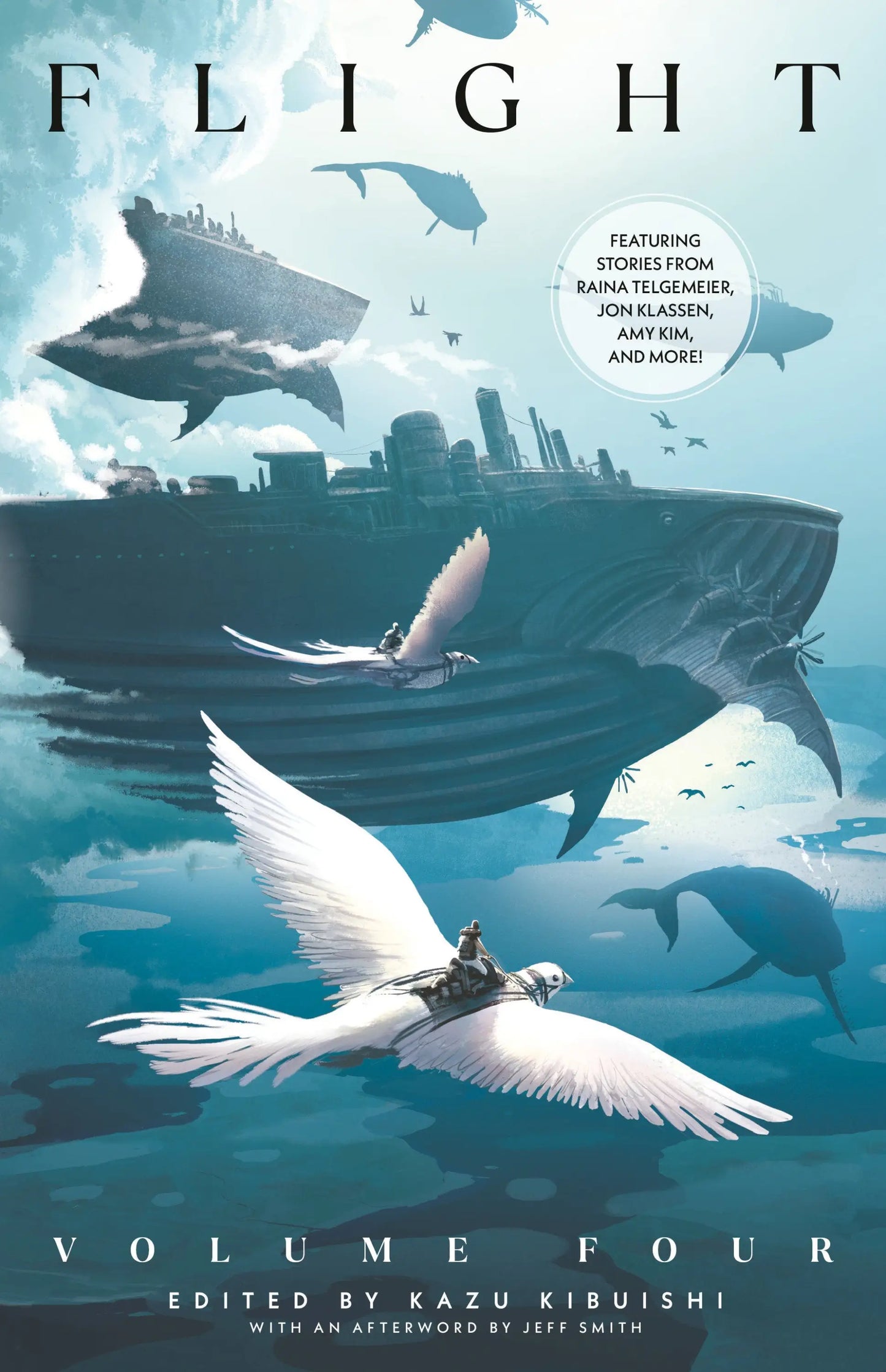 Book cover for Flight Volume Four featuring flying creatures ships on whale-like bodies and whales